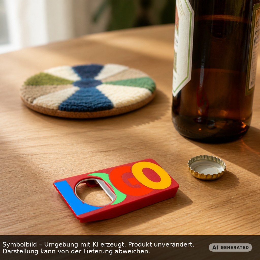 Bottle opener recycling with seal "Alpha" printed as promotional items with logo