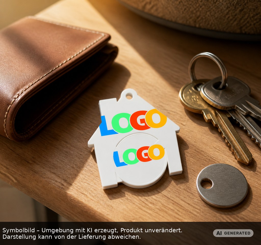 Chip holder with 1€ chip "house" printed as promotional items with logo